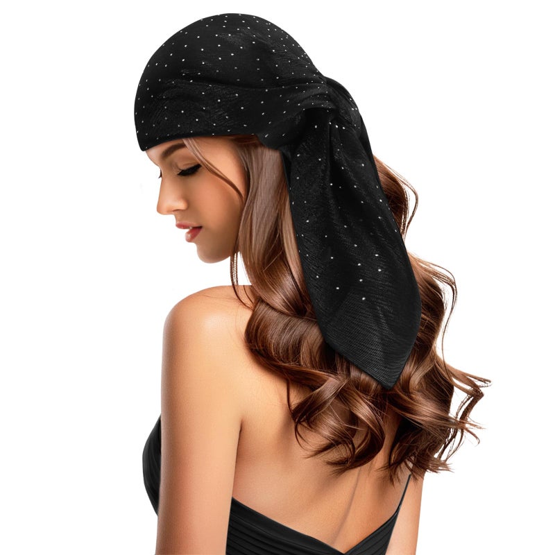 GERINLY Black Head Scarf with Rhinestone, Glitter Hair Scarves Bandana, Elegant Square Shawl Wrap for Women - Image 1