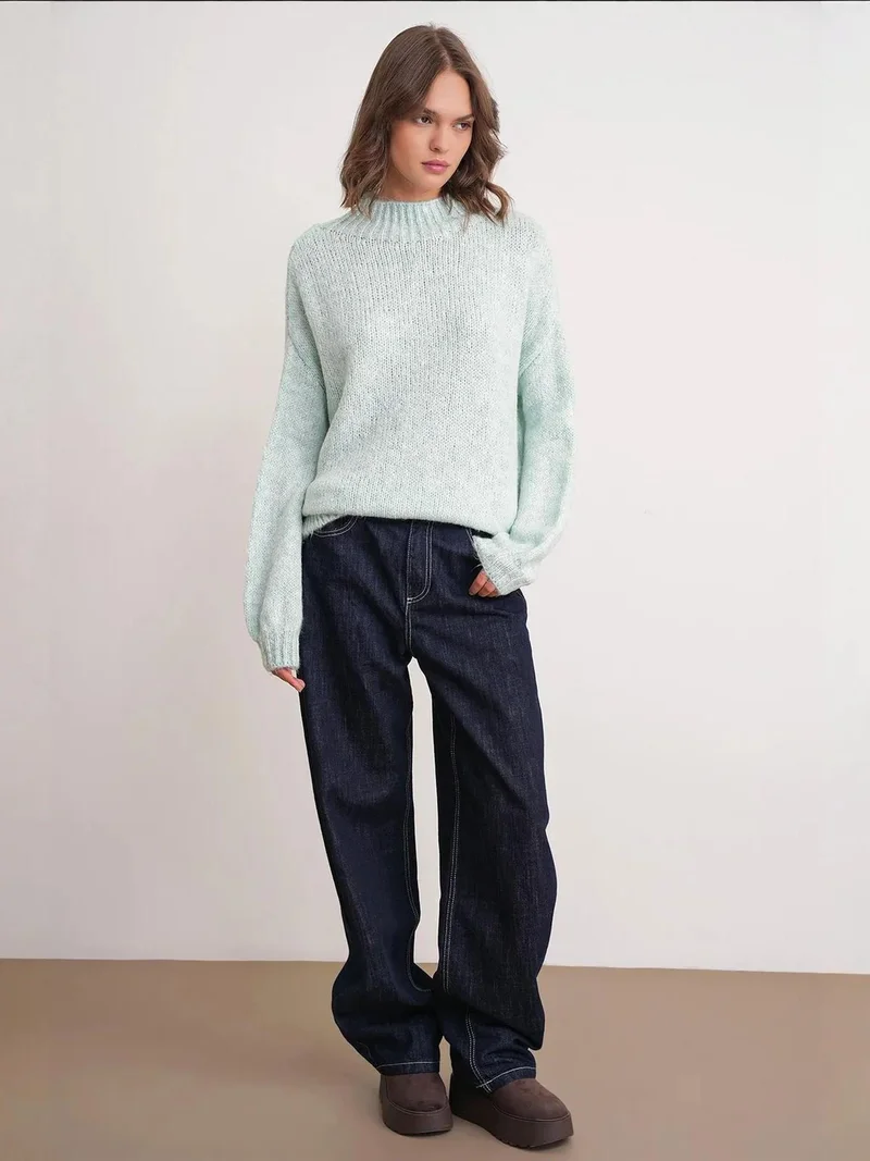 Mixray Mint Green Mixray Relaxed Fit Crew Neck Thick Knit Sweater for Women | Best Price UAE