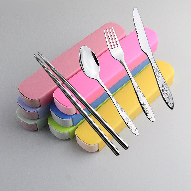 Creative Printing Stainless Steel Tableware Four-Piece Portable Tableware Set Chopsticks Spoon Fork Can Print Logo - Image 1