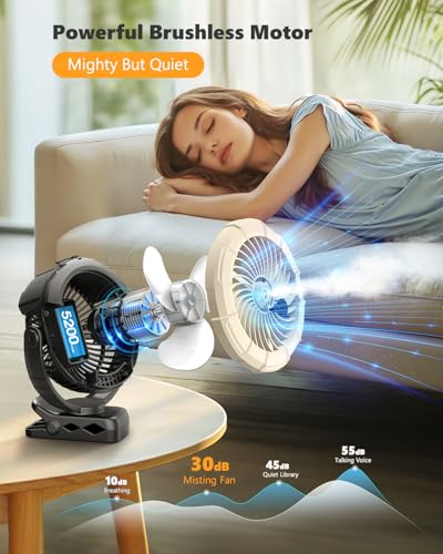 Ausic Portable Clip on Misting Fan, [5-45Hrs] Golf Cart Spray Fan, 720° Rotate Baby Stroller Fan, Outdoor Camping Fan with LED, Rechargeable Battery Operated RV Travel Cruise Fan, Golf Accessories - Image 5