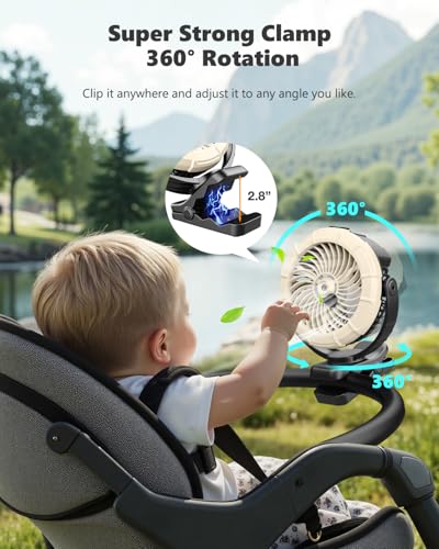 Ausic Portable Clip on Misting Fan, [5-45Hrs] Golf Cart Spray Fan, 720° Rotate Baby Stroller Fan, Outdoor Camping Fan with LED, Rechargeable Battery Operated RV Travel Cruise Fan, Golf Accessories - Image 4