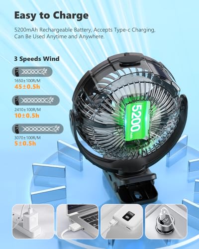 Ausic Portable Clip on Misting Fan, [5-45Hrs] Golf Cart Spray Fan, 720° Rotate Baby Stroller Fan, Outdoor Camping Fan with LED, Rechargeable Battery Operated RV Travel Cruise Fan, Golf Accessories - Image 3