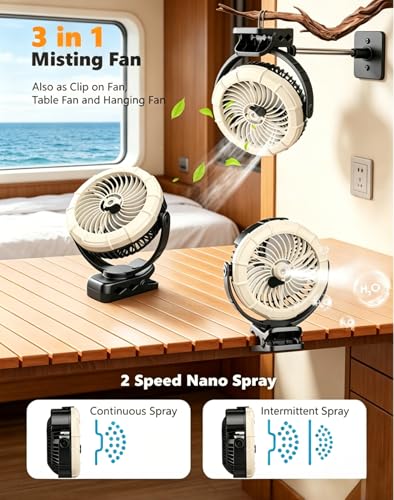 Ausic Portable Clip on Misting Fan, [5-45Hrs] Golf Cart Spray Fan, 720° Rotate Baby Stroller Fan, Outdoor Camping Fan with LED, Rechargeable Battery Operated RV Travel Cruise Fan, Golf Accessories - Image 2