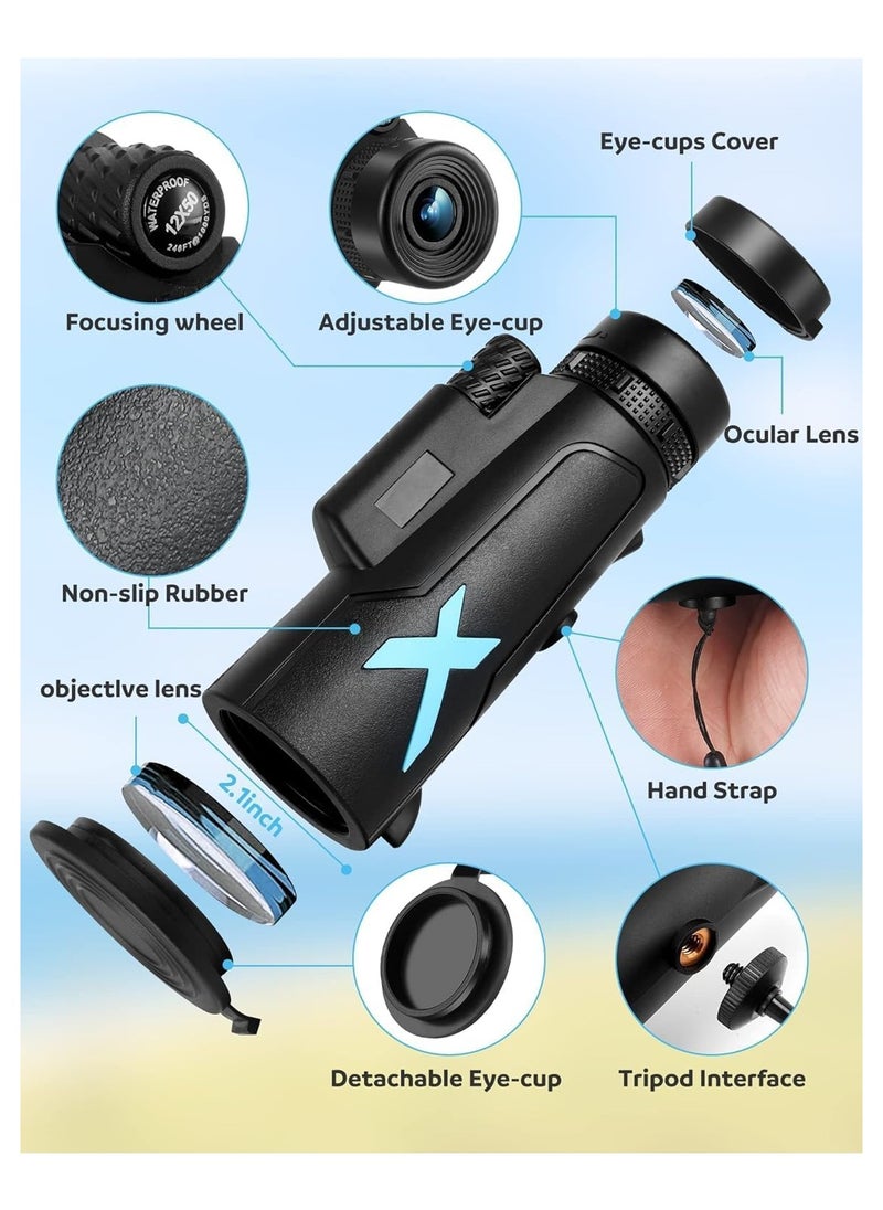 Generic 12x50 High-Power Monocular Telescope with Smartphone Tripod and Portable Bag - Perfect for Bird Watching, Hunting, Hiking, and Camping with BAK4 Prism & FMC Lens Technology for Enhanced Vision.  - Image 4