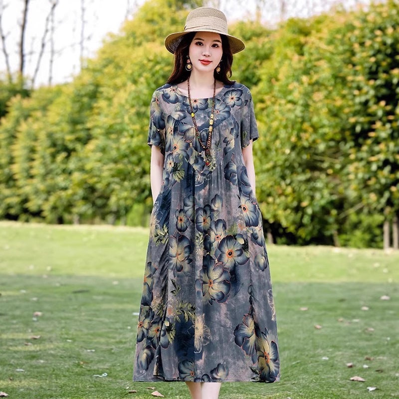 2025 Plus Size Cotton Silk Dress Loose Fit Printed Round Neck Short Sleeve A-Line Maxi Dress - Image 1