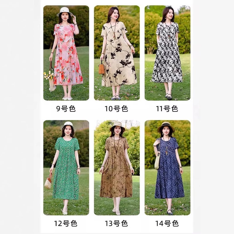 2025 Plus Size Cotton Silk Dress Loose Fit Printed Round Neck Short Sleeve A-Line Maxi Dress - Image 4