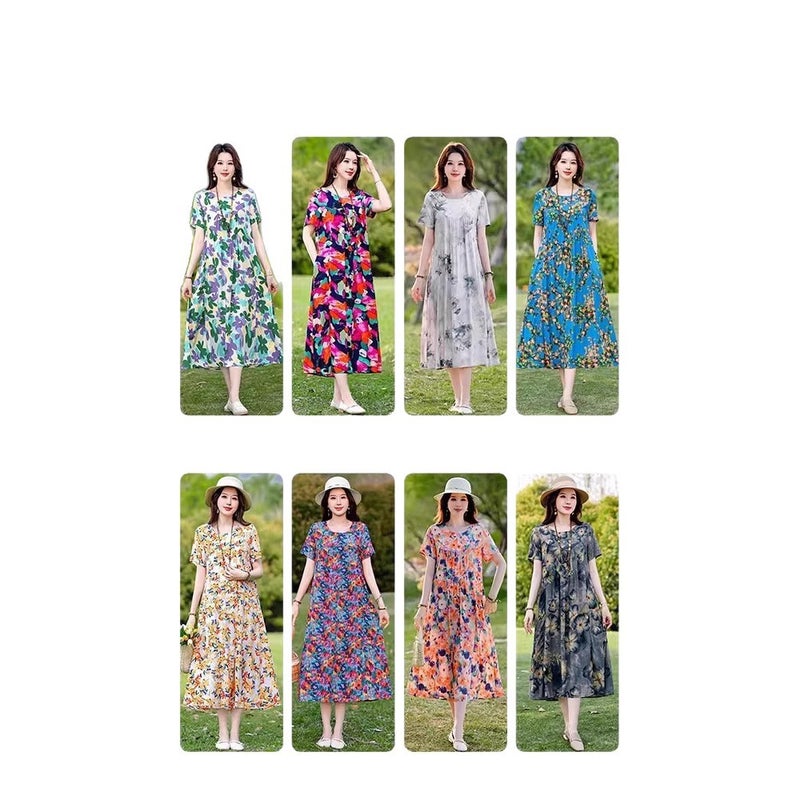 2025 Plus Size Cotton Silk Dress Loose Fit Printed Round Neck Short Sleeve A-Line Maxi Dress - Image 5