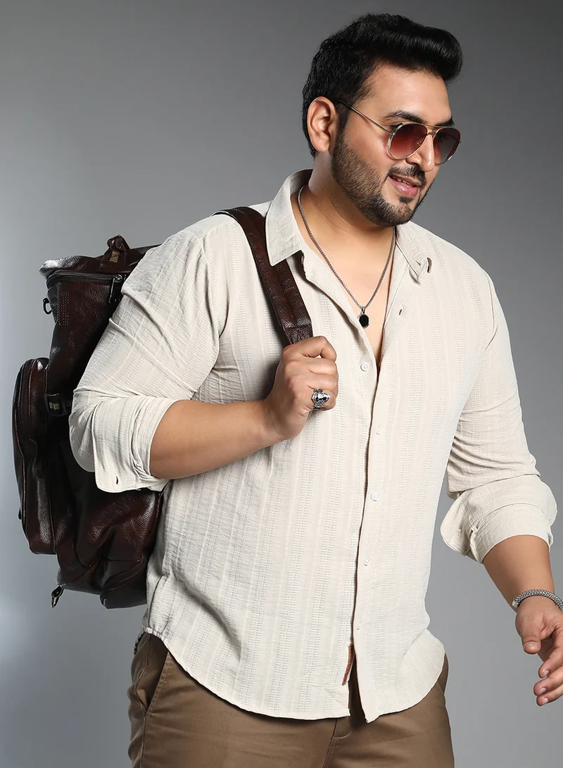 انستافاب بلس Instafab Plus Men's Saltbox Beige Blended-Stripe Shirt For Casual Wear | Spread Collar | Long Cuffed Sleeves | Button Closure | Plus Size Shirt Crafted With Comfort Fit For Everyday Wear