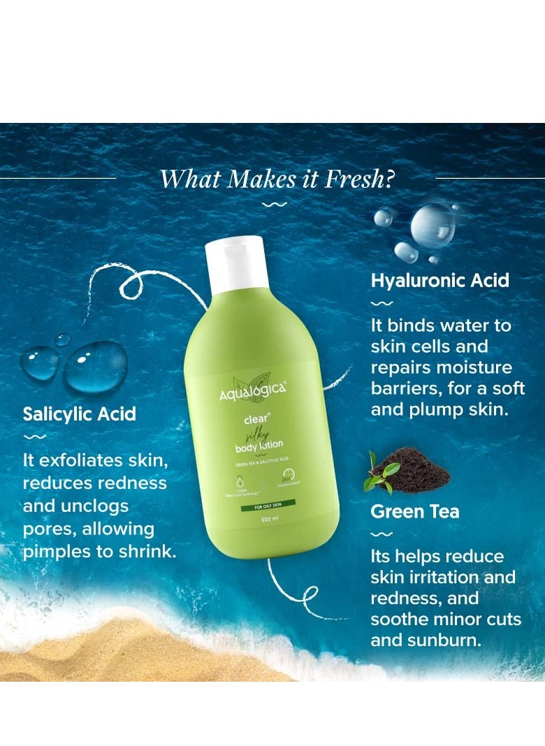 Aqualogica - Aqualogica Clear Silky Body Lotion with Green Tea 1% Salicylic Acid For Oily Dry Skin for 24hr Moisturization 300 ml - Image 1