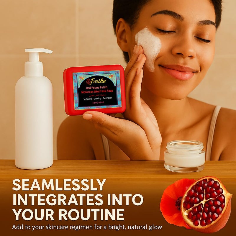 FERIHA Brightening Facial Soap Bar with Aker Fassi Red Poppy Pomegranate for Radiant Skin Enriched with Argan Oil Shea Butter Rhassoul Clay Gently Softens and Evens Tone - Image 5