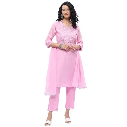 Biba Women Embroidery Narrow Salwar Kurta Dupatta(SKD7402E_Light Pink_34) - Image 1