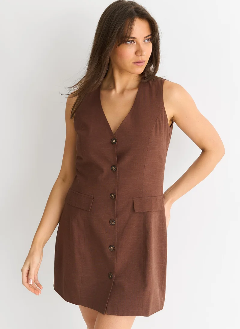 Gini London  Chocolate Button Through Cotton Viscose Blend Mini Shirt Dress for Women | Best Price UAE