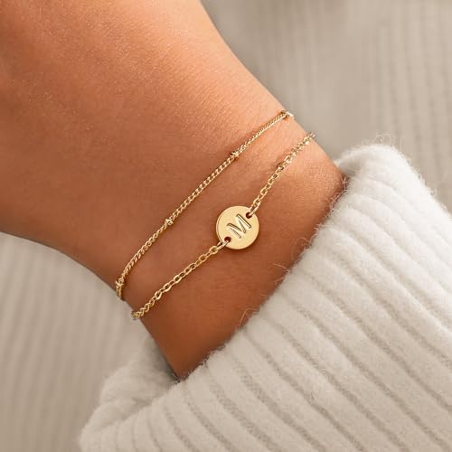 MONOZO Initial Bracelets for Women Jewelry Gifts - 18K-Gold-Plated Letter Bracelet Dainty Disc Letter M Initial Bracelets for Women Jewelry Personalized Christmas Gifts for Mom Daughter - Image 2