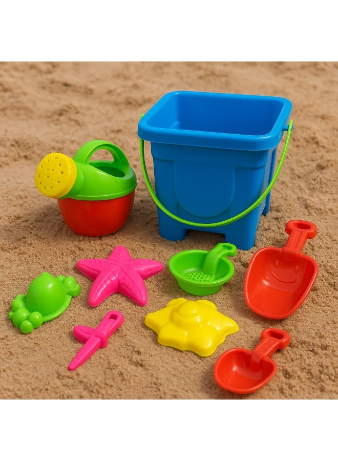 متجر 7 طقم ألعاب رمل للأطفال – دلو أزرق مع أدوات اللعب الملونة (مجرفة، مرشة ماء، قوالب نجمة وسلحفاة) – ألعاب بحر وشاطئ صيفية لتشكيل الرمل وتنمية مهارات الطفل - Image 1