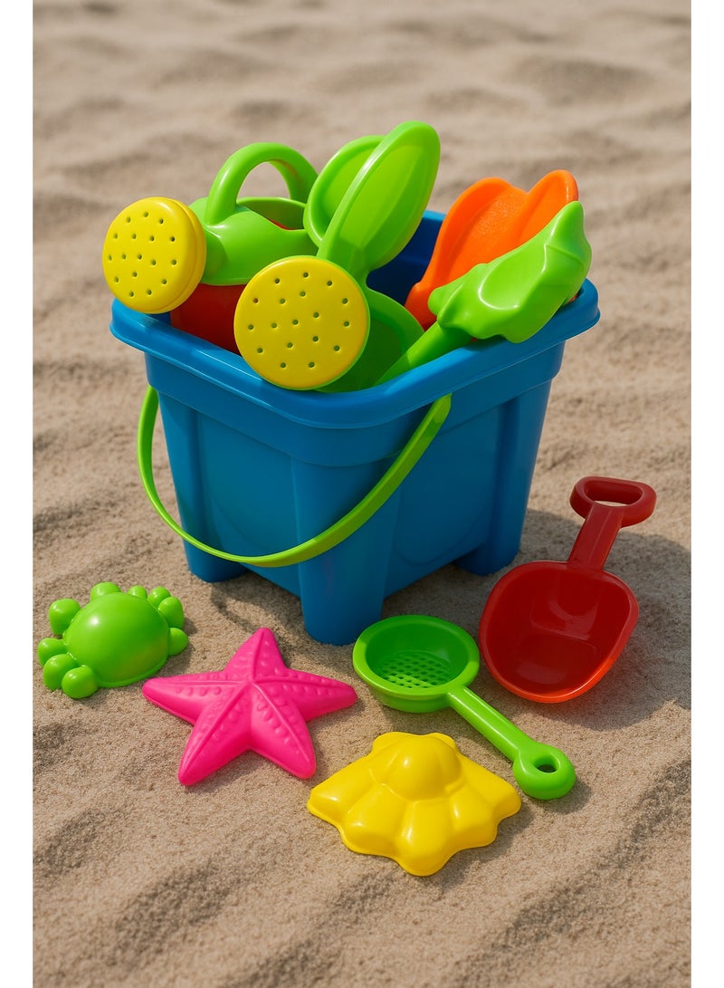 متجر 7 طقم ألعاب رمل للأطفال – دلو أزرق مع أدوات اللعب الملونة (مجرفة، مرشة ماء، قوالب نجمة وسلحفاة) – ألعاب بحر وشاطئ صيفية لتشكيل الرمل وتنمية مهارات الطفل - Image 2