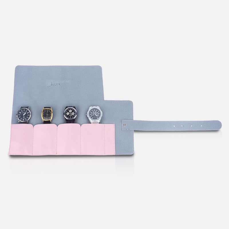 Folk Creations Vegan Leather Watch Roll – 4‑Slot Travel Case, Compact Snap Closure, Pink - Image 1