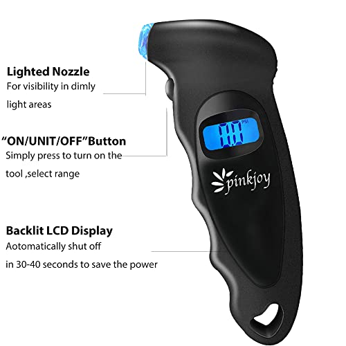 PINKJOY Digital Tire Pressure Gauge 150 PSI, 4 Settings, Tire Gauge for Car, Truck, Motorcycle, Bicycle with Backlit LCD and Non-Slip Grip (Black) - Image 2