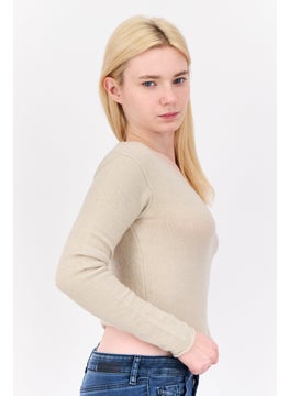 Don't Call Me Jennyfer Women Round Neck Knitted Sweater, Beige  - Image 2