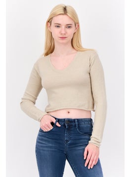 Don't Call Me Jennyfer Women Round Neck Knitted Sweater, Beige  - Image 1