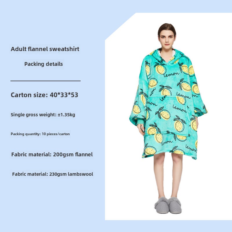 Oversized Hoodie Blanket Flannel Couples Loungewear Green Bottom Lemon-Adult Double Layer 