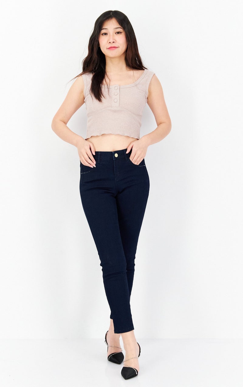 ONLY Women Regular Fit Embellished Stretchable Jeans, Dark Blue - Image 3