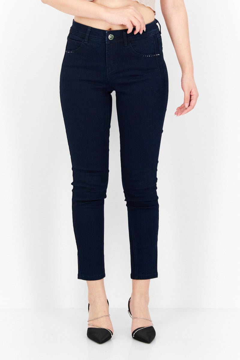ONLY Women Regular Fit Embellished Stretchable Jeans, Dark Blue - Image 1