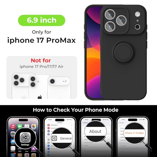 pcgaga Compatible with iPhone 17 Pro Max Case 6.9 inch, Silicone Slim Design with [Ring Holder Stand] [Wrist Strap] [Microfiber Lining] Shockproof Protective Case Cover, Black - Image 2