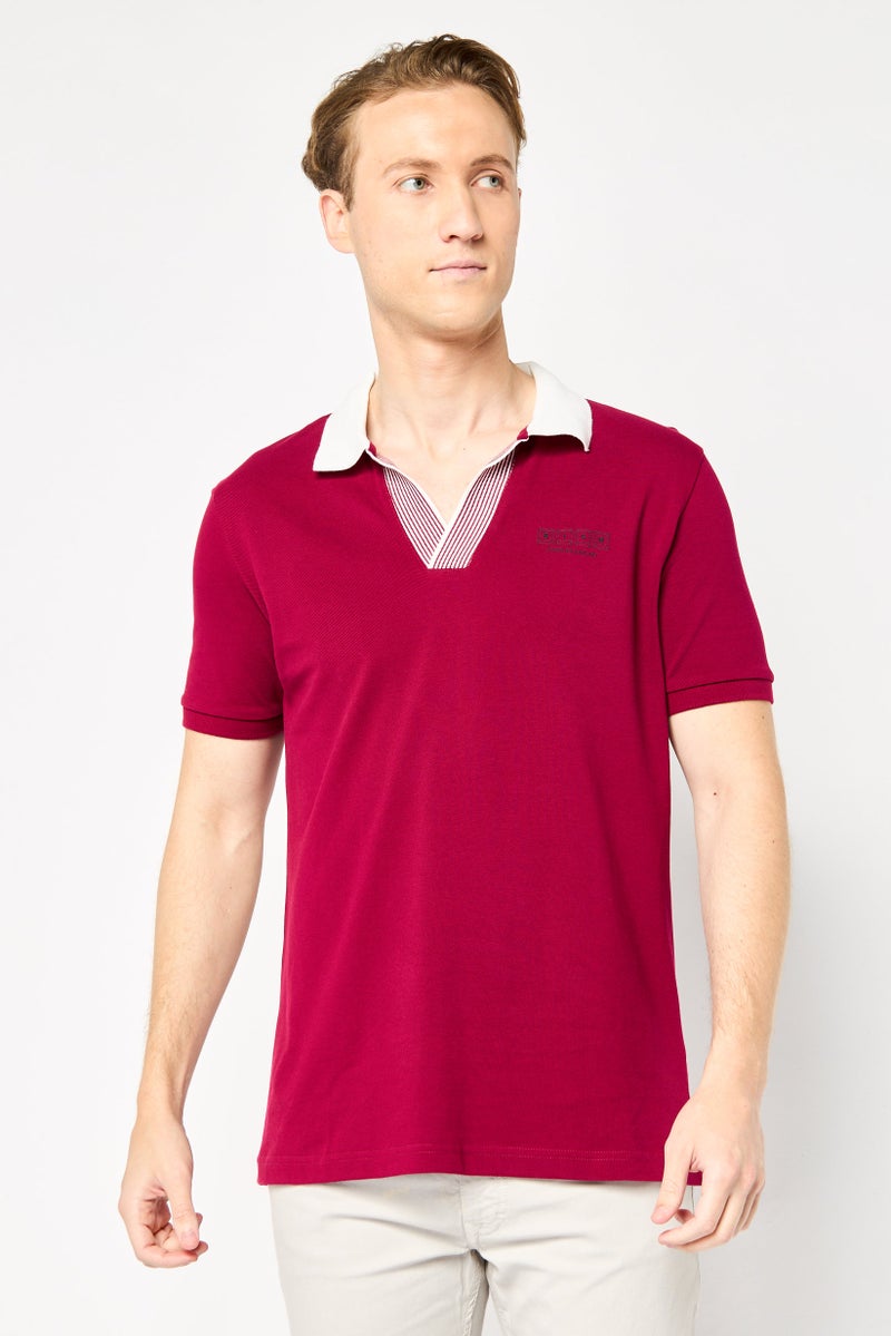 JOHN RICHMOND Men Regular Fit Brand Logo Short Sleeves Polo Shirt, Burgundy - Image 1