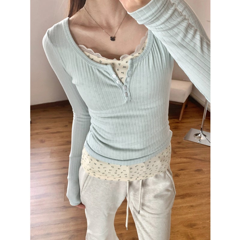 Fake Two Pieces Of Broken Flowers Pure For Slim-Fit Slimming Autumn Long-Sleeved T-Shirt Spice Girls Niche Jacket Ins - Image 4