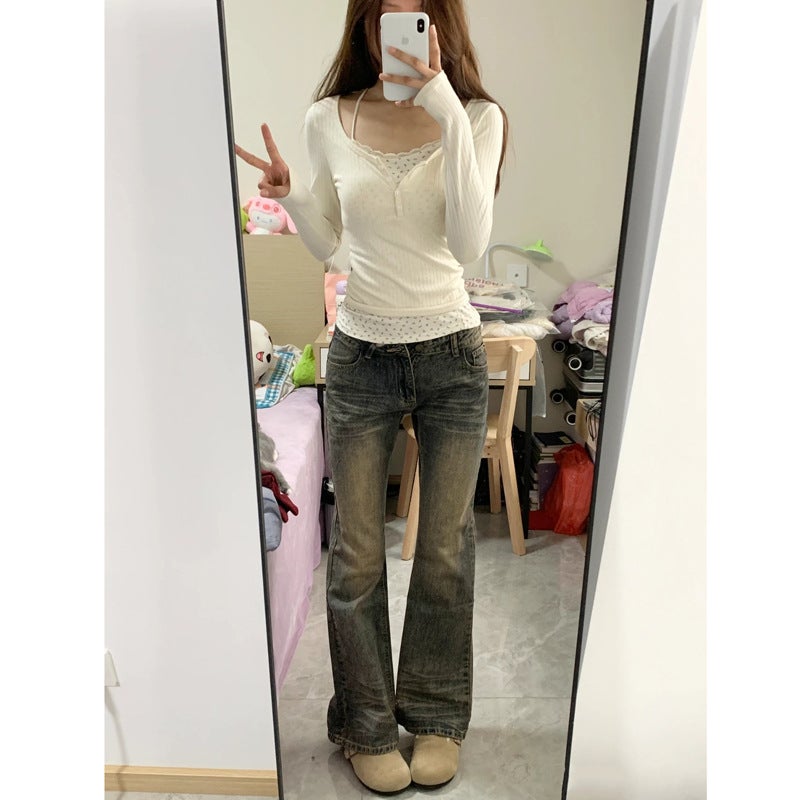 Fake Two Pieces Of Broken Flowers Pure For Slim-Fit Slimming Autumn Long-Sleeved T-Shirt Spice Girls Niche Jacket Ins - Image 5