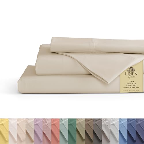 Linen Home 100% Cotton Percale Sheets Full Size, Ivory, Deep Pocket, 4 Pieces Set - 1 Flat, 1 Deep Pocket Fitted Sheet and 2 Pillowcases, Crisp Cool and Strong Bed Linen