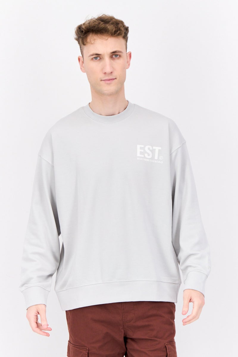 Established Redefining Essentials Men Crew Neck Brand Logo Long Sleeves Sweatshirt, Ice Grey - Image 1