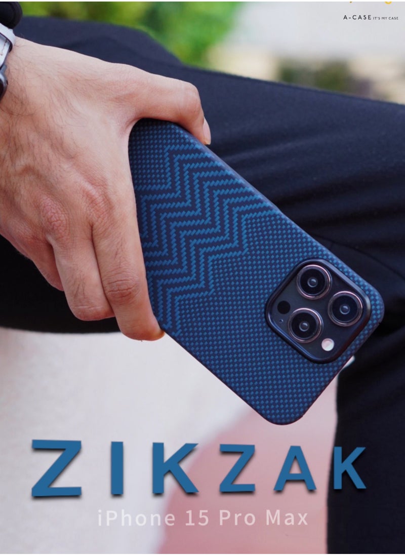 A-CASE Phone case for iPhone 15 Pro Max, Magnetic Compatible Phone case, Aramid Fiber Soft touch Sturdy Durable, ZIKZAK Series - Blue