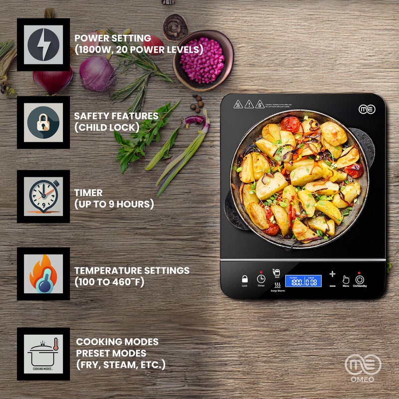 OMEO Portable Induction Cooktop Hot Plate Countertop Burner 1800 Watts Induction Burner with LCD Sensor Touch, LED Display, 10 Temperature Levels, Child Safety Lock, Auto Shutoff Function - Image 3