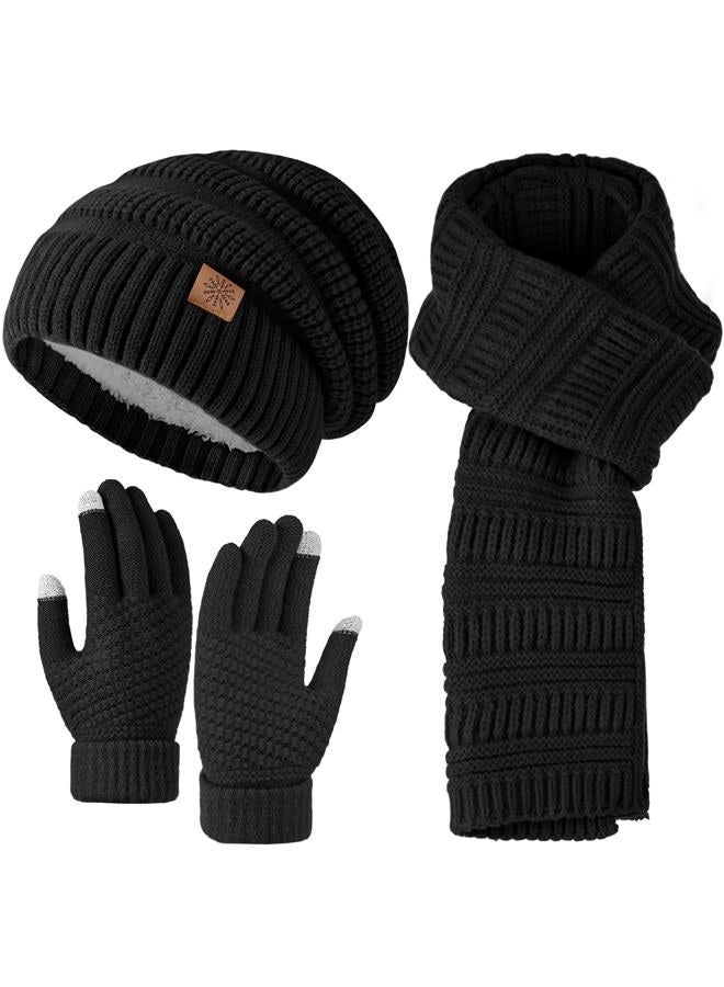 Pleneal Winter Womens Beanie Hat Scarf Gloves Set, Slouchy Beanie Knit Scarf Touchscreen Gloves Warm 3 Gift Set, Black, One size - Image 1