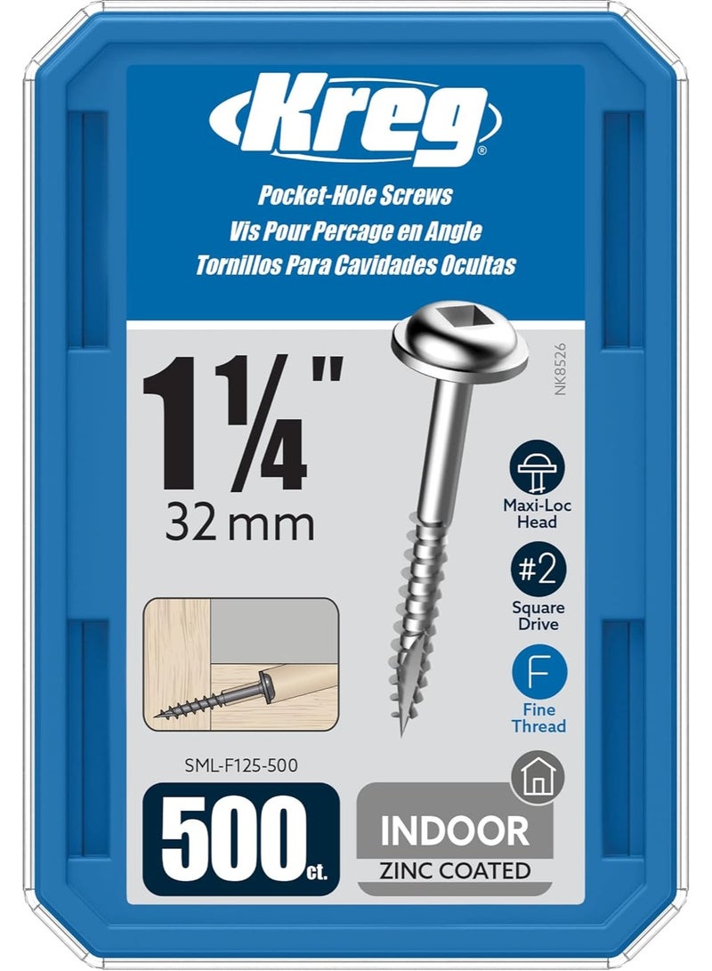 Kreg SML-F125-500 Zinc Pocket Screws, 1 1/4 Inch, 7 Fine Thread, Maxi-Loc Head (500 Count) - Image 1