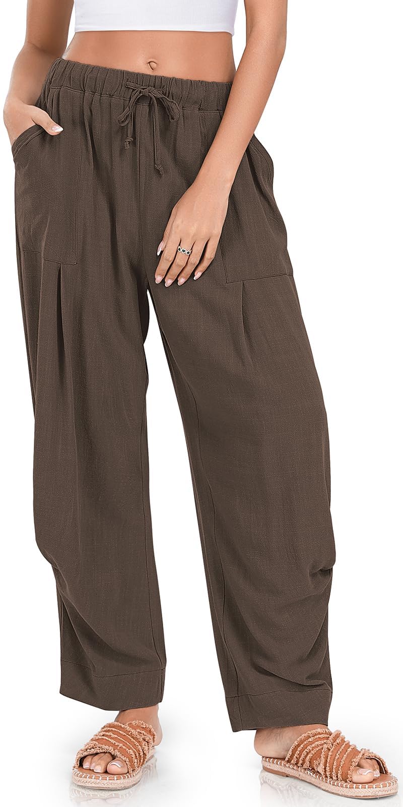TARSE Womens Linen Palazzo Pants Baggy Casual Harem Pants with Pockets, DarkCoffee, M - Image 1