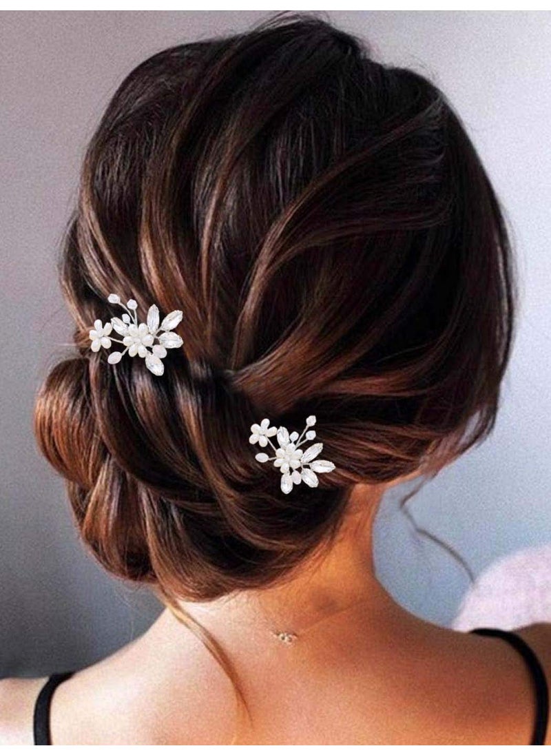 Unsutuo - Unsutuo Bride Wedding Hair Pins Silver Crystal Bridal Hair Accessories Pearl Flower Hair Pieces for Women and GirlsPack of 2 Silver - Image 1