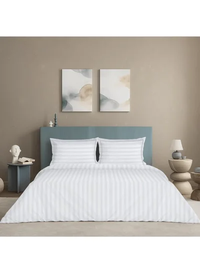 MULBERRY LIVING 100% Cotton 4 Piece Set: Duvet Cover: Width 260 x Length 240 cms. Fitted Cal. King Sheet : 200 x 200 x 30 cms. Pillow Covers : 50 x 75 cms - 300 TC Elysian Stripes(2cm) - White
