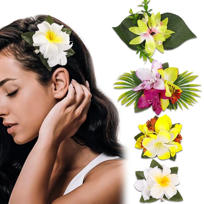Ahoney 4 Pieces Plumeria Flowers Hair Clips for Women Girls Hawaiian Artificial Flower Hair Barrettes Chiffon Flower Hair Accessories for Beach Luau Party Hairstyles Decor