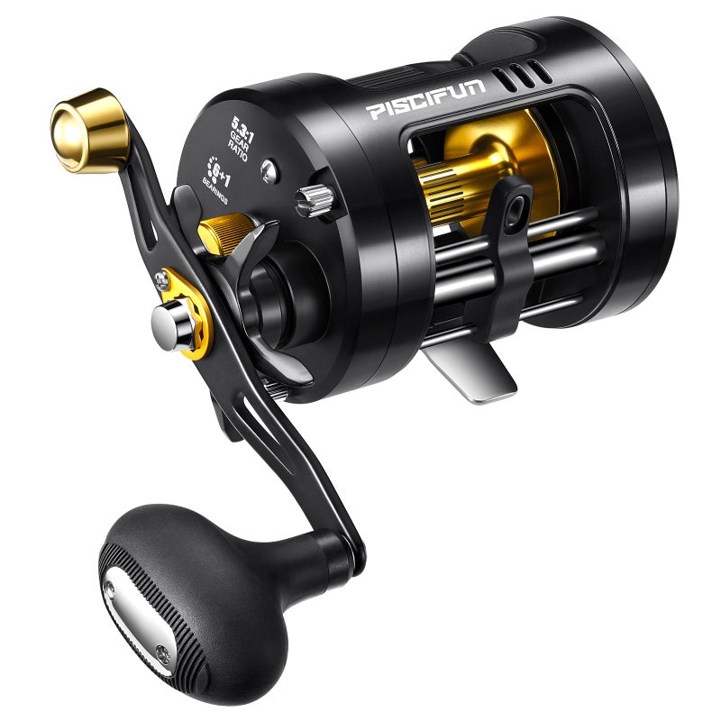 Piscifun Chaos Pro Baitcasting Fishing Reel CNC Machined Aluminum Body Round Catfish Reel with 25LB Max Drag Trolling Reel with Level Wind Magnetic Braking for Lake Saltwater Gold Right Hand - Image 2