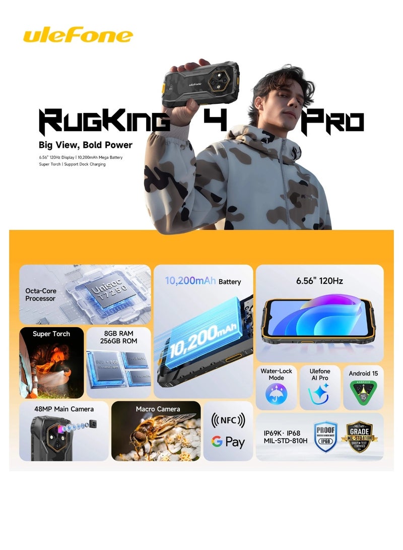 أوليفون Ulefone RugKing 4 Pro Rugged Smartphone | 8GB RAM + 256GB ROM | 10200mAh Battery | 6.56" HD+ Display | 48MP AI Camera | Android 15 | IP68/IP69K Waterproof | MIL-STD-810H | NFC | Dual SIM 4G | Black - Image 2