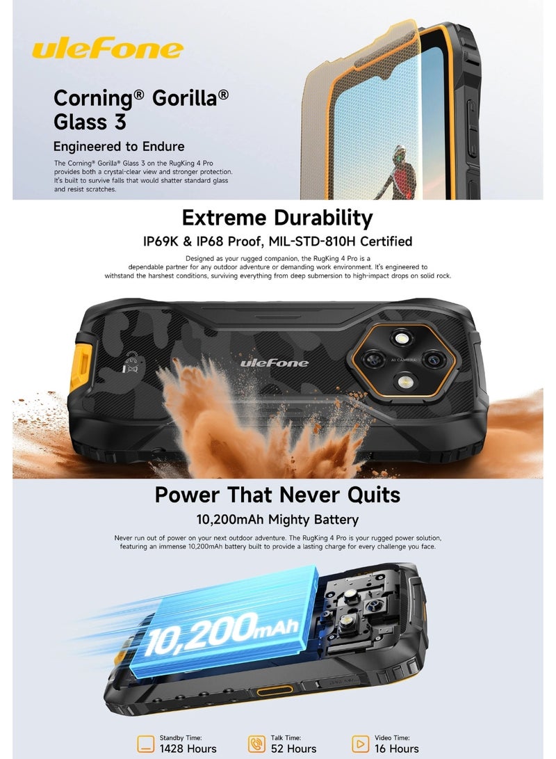 أوليفون Ulefone RugKing 4 Pro Rugged Smartphone | 8GB RAM + 256GB ROM | 10200mAh Battery | 6.56" HD+ Display | 48MP AI Camera | Android 15 | IP68/IP69K Waterproof | MIL-STD-810H | NFC | Dual SIM 4G | Black - Image 3
