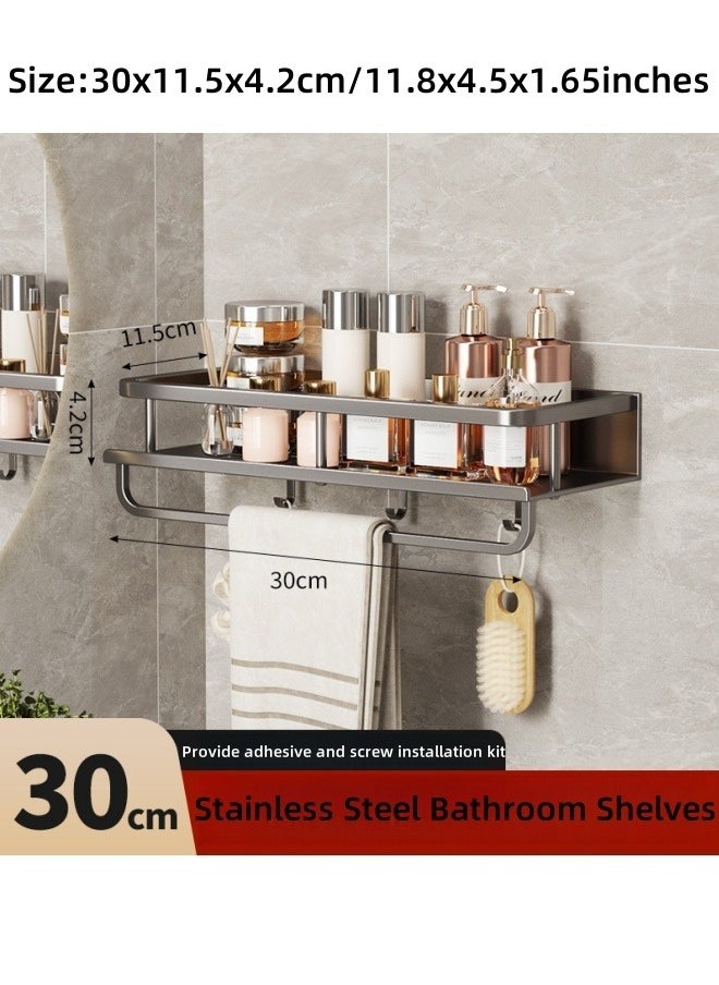 MLADEN Wall Mounted Bathroom Shelves with 3 Hooks and Towel Bar, No Drilling Bathroom Shower Caddy Rack, Stainless Steel Rustproof Bathroom Storage Organizer, Bathroom Shower Baskets for Bathroom and Kitchen,30cm  - Image 2