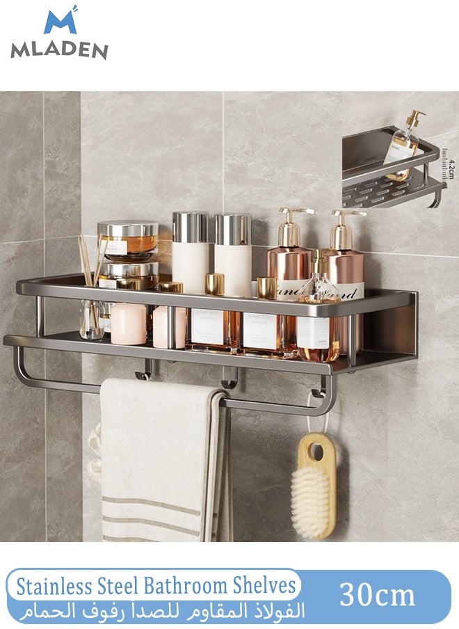 MLADEN Wall Mounted Bathroom Shelves with 3 Hooks and Towel Bar, No Drilling Bathroom Shower Caddy Rack, Stainless Steel Rustproof Bathroom Storage Organizer, Bathroom Shower Baskets for Bathroom and Kitchen,30cm  - Image 1