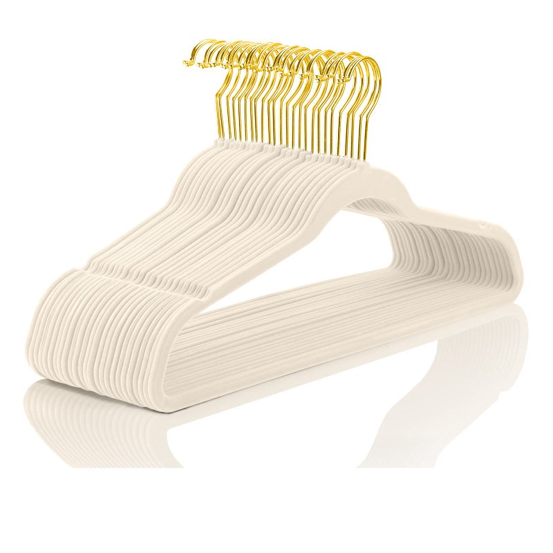 MIZGI Premium Velvet Hangers Pack 50 Pcs Heavyduty - Non Slip Slimline - Velvet Suit Hangers Ivory - Gold Hooks,Space Saving Clothes Hangers â€¦ - Image 1