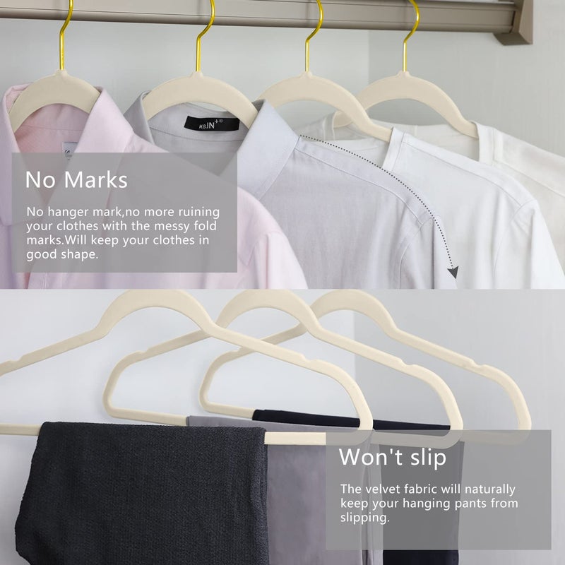 MIZGI Premium Velvet Hangers Pack 50 Pcs Heavyduty - Non Slip Slimline - Velvet Suit Hangers Ivory - Gold Hooks,Space Saving Clothes Hangers â€¦ - Image 4