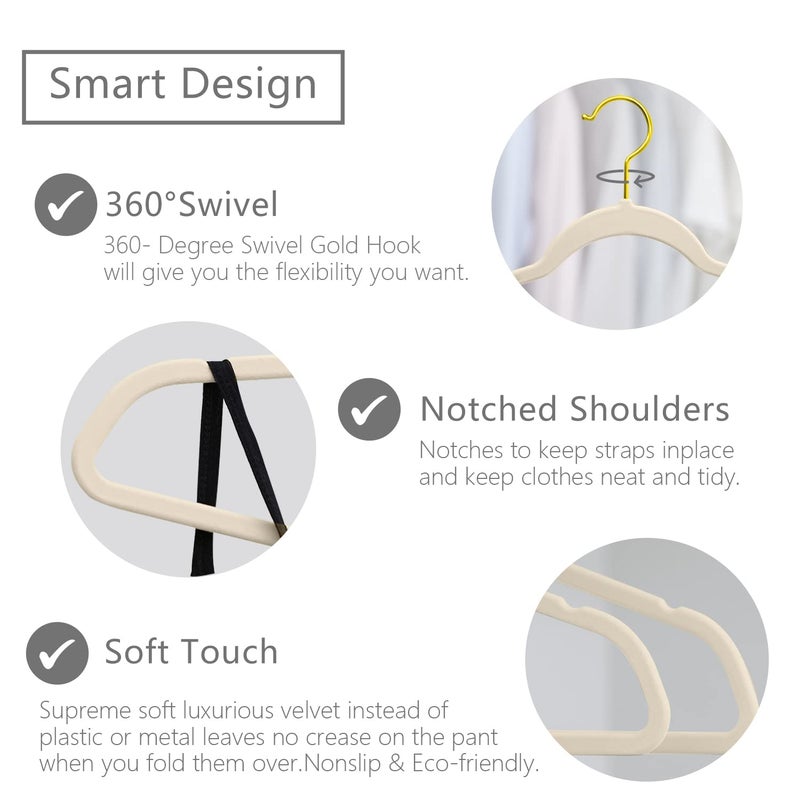 MIZGI Premium Velvet Hangers Pack 50 Pcs Heavyduty - Non Slip Slimline - Velvet Suit Hangers Ivory - Gold Hooks,Space Saving Clothes Hangers â€¦ - Image 3