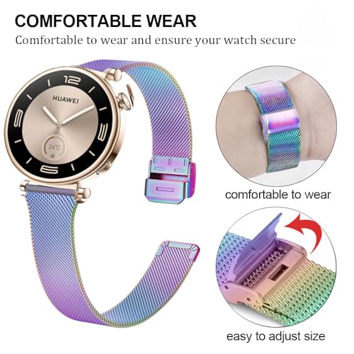 DEALELE Bands Compatible with Huawei Watch GT5 Pro 42mm / GT5 / GT4 41mm / Fossil Q Venture Gen 4/3 / Women's Gen 5E 42mm / Women's Gen 6, 18mm Stainless Steel Metal Mesh Replacement Strap, Rainbow - Image 2
