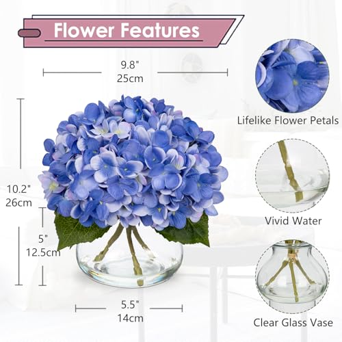 Hollyone Hydrangea Artificial Flowers with Vase Slate Blue Silk Fake Flowers Arrangements Floral Bulk Bouquet in Glass Vase with Faux Water for Home Bathroom Office Table Centerpiece Shelf Decorations - Image 3